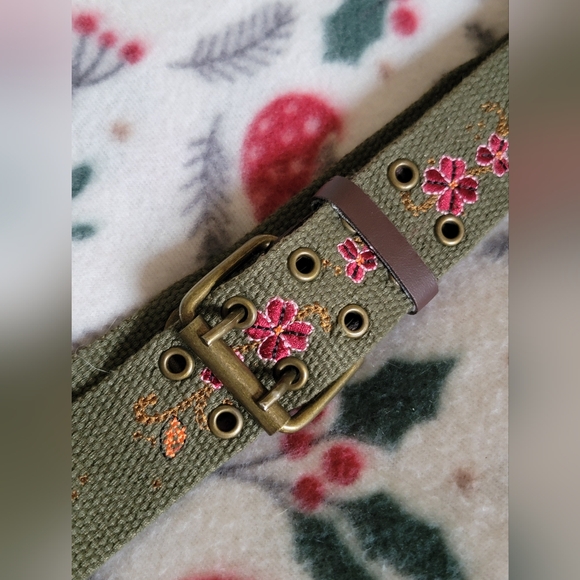 Accessories - Y2K Inspired Floral Embroidered Belt in Olive Green Size M/L